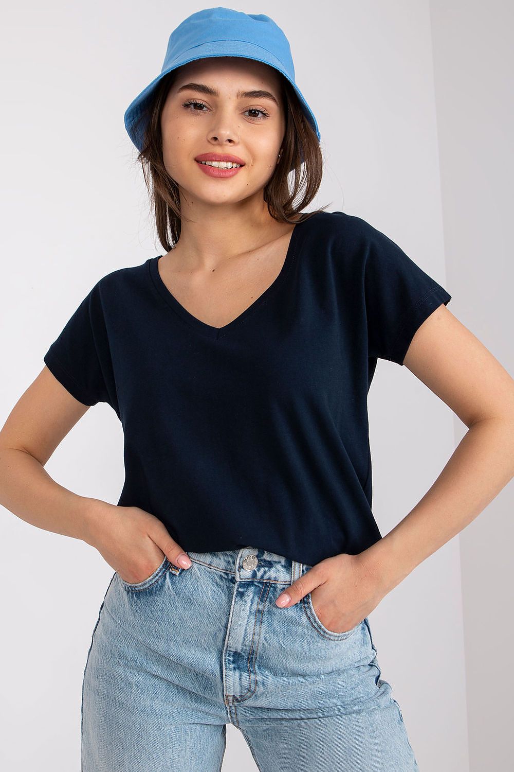 Elegant Women's Short Sleeve T-Shirt with Heart Neckline in classic navy, model dressed in casual chic, perfect for an upscale yet relaxed outfit.