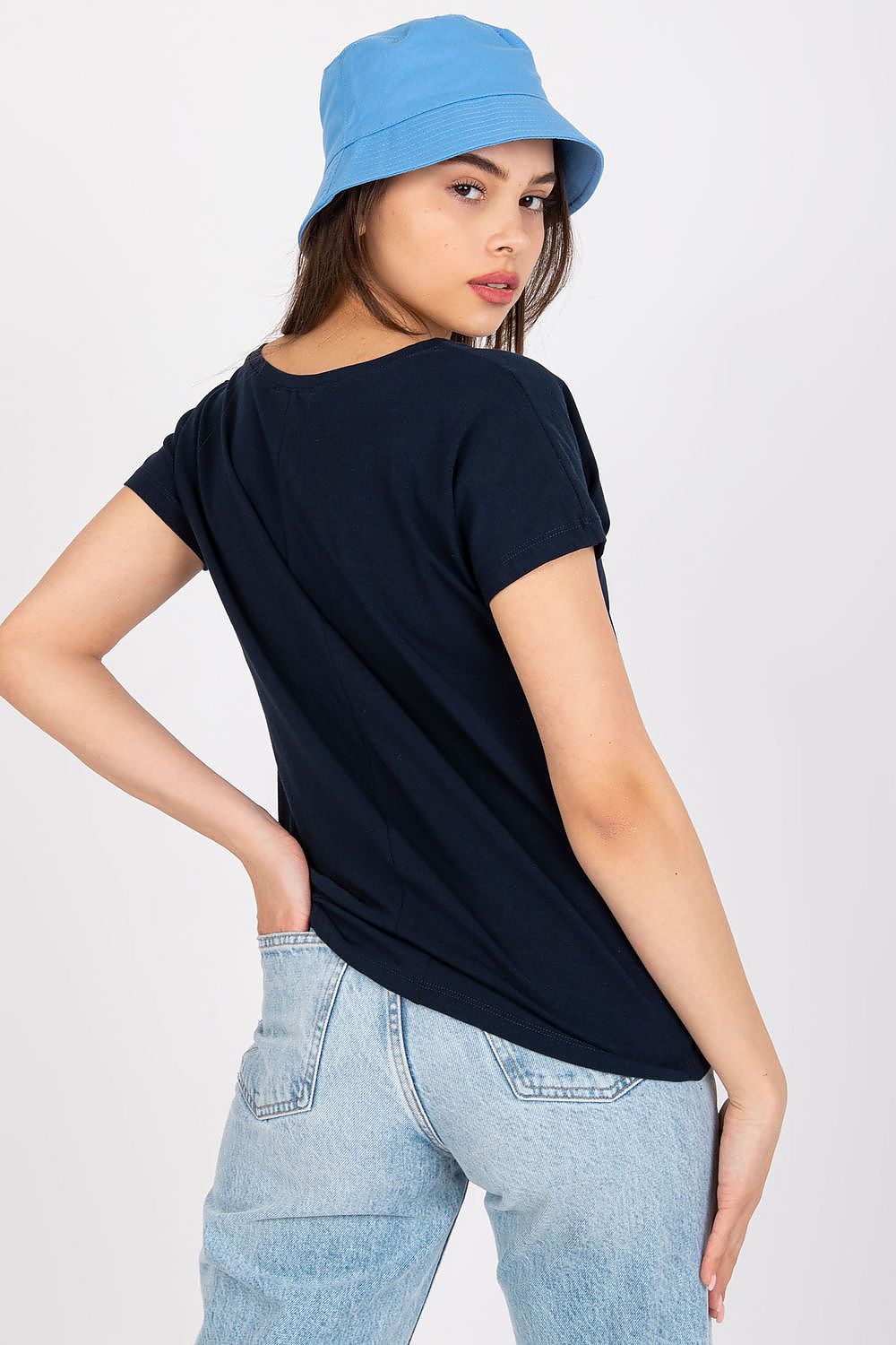 Back view of the Elegant Women's Short Sleeve T-Shirt with Heart Neckline in navy blue, paired with a stylish bucket hat.
