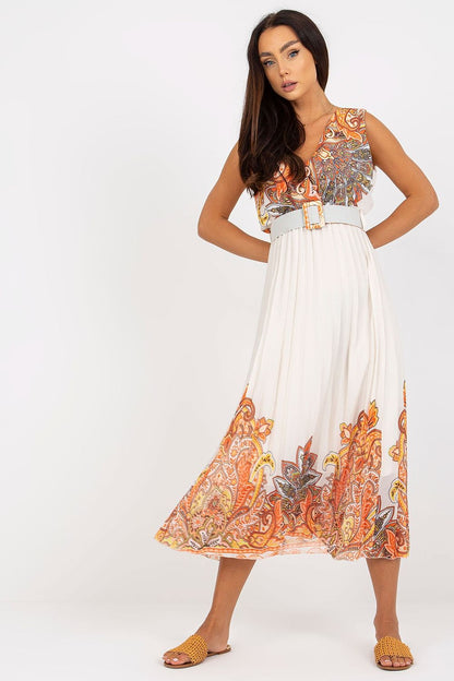 Elegant Summer Flared Sleeveless Dress with Envelope Neckline and Pleated Bottom by Italy Moda, featuring an artistic floral pattern in vibrant colours, styled with a chic belt.