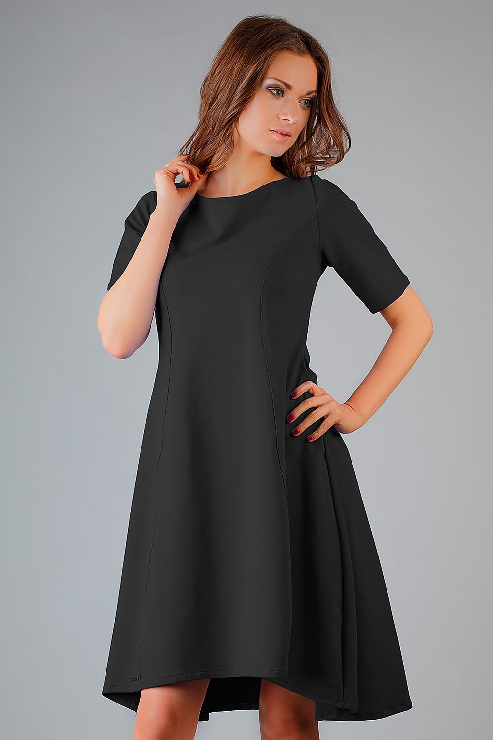 Elegant Tessita Flared Knit Dress with Boat Neckline and French Cut in Size EU S to XXXL, showcasing its luxurious design and flattering silhouette.