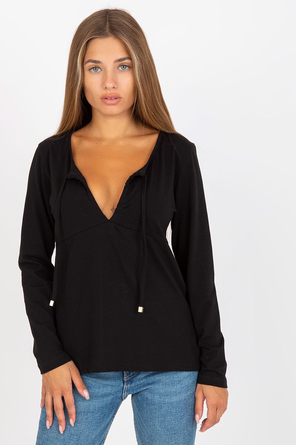 Elegant Long Sleeve Blouse By Rue Paris With Deep Neckline And Binding Detail, featuring a model showcasing the stylish design in black.