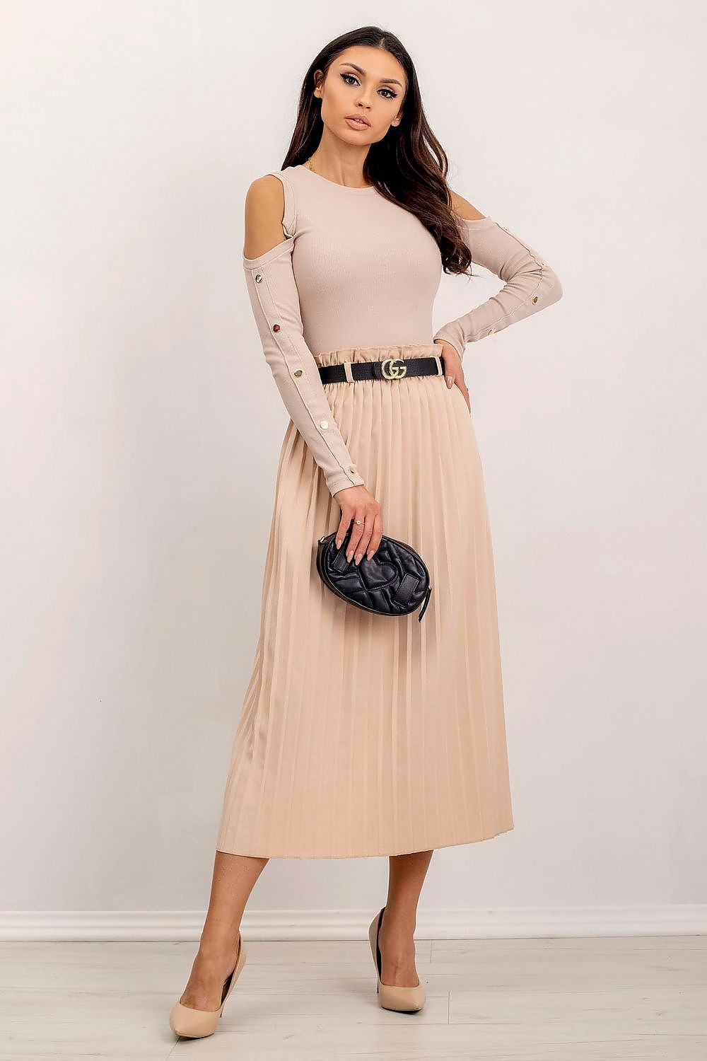 Elegant Fitted Cotton Blend Blouse with Ribbed Long Sleeves by Rue Paris, styled with a pleated skirt and black accessories, exuding a chic luxury vibe.