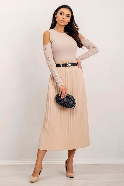 Elegant Fitted Cotton Blend Blouse with Ribbed Long Sleeves by Rue Paris, styled with a pleated skirt and black accessories, exuding a chic luxury vibe.