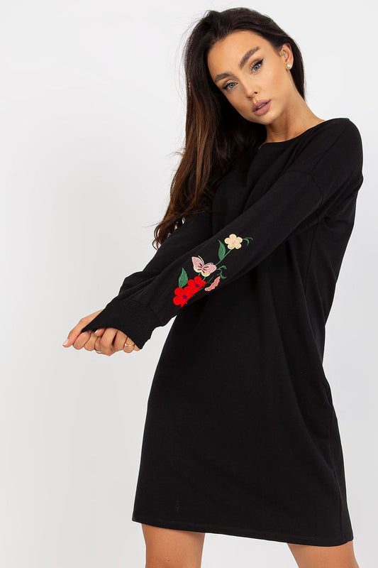 Elegant Cotton Spandex Tracksuit Dress with Embroidered Sleeves and Side Pockets - Rue Paris, displayed with a model showcasing the stylish design and unique embroidery details on the sleeves.