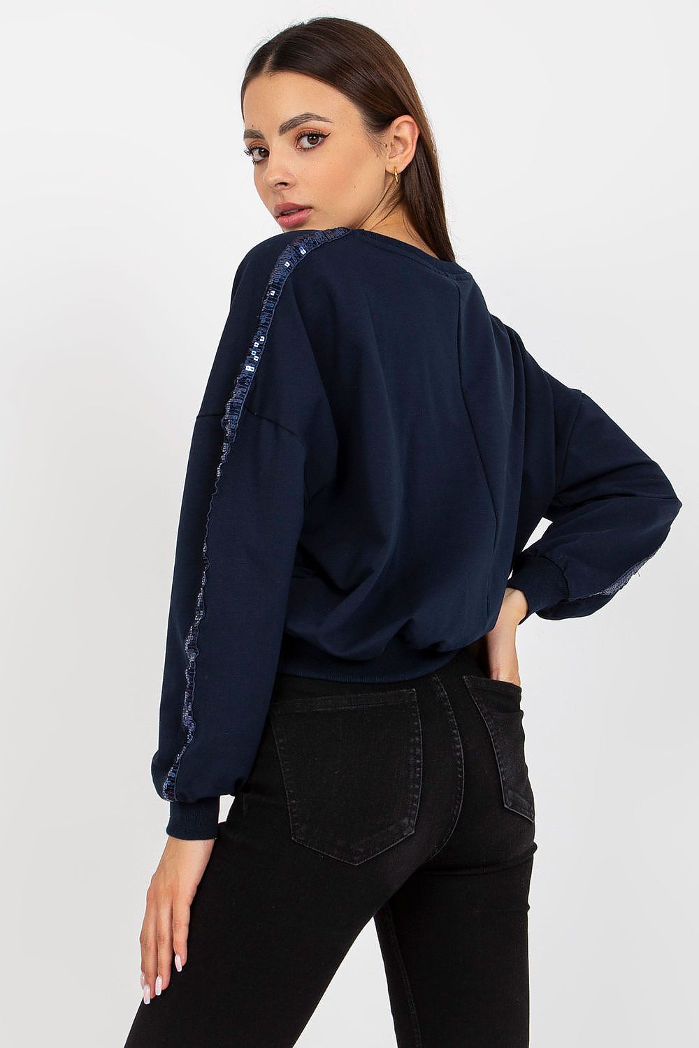 Luxury Rue Paris Women's Sequined Long Sleeve Sweatshirt with Round Neckline - Elegant Comfort, highlighting the stylish back view of a navy sweatshirt adorned with sequins, ideal for a sophisticated look.