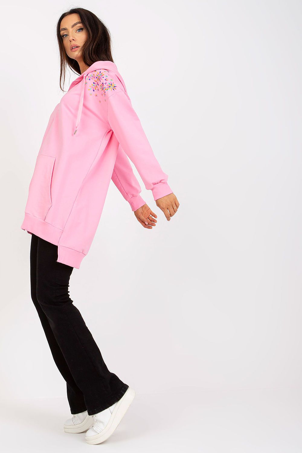 Side view of the Luxury Rue Paris Women's Zippered Hoodie Sweatshirt with Embroidery and Front Pocket, highlighting the intricate embroidery on the shoulders.