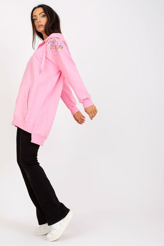 Side view of the Luxury Rue Paris Women's Zippered Hoodie Sweatshirt with Embroidery and Front Pocket, highlighting the intricate embroidery on the shoulders.