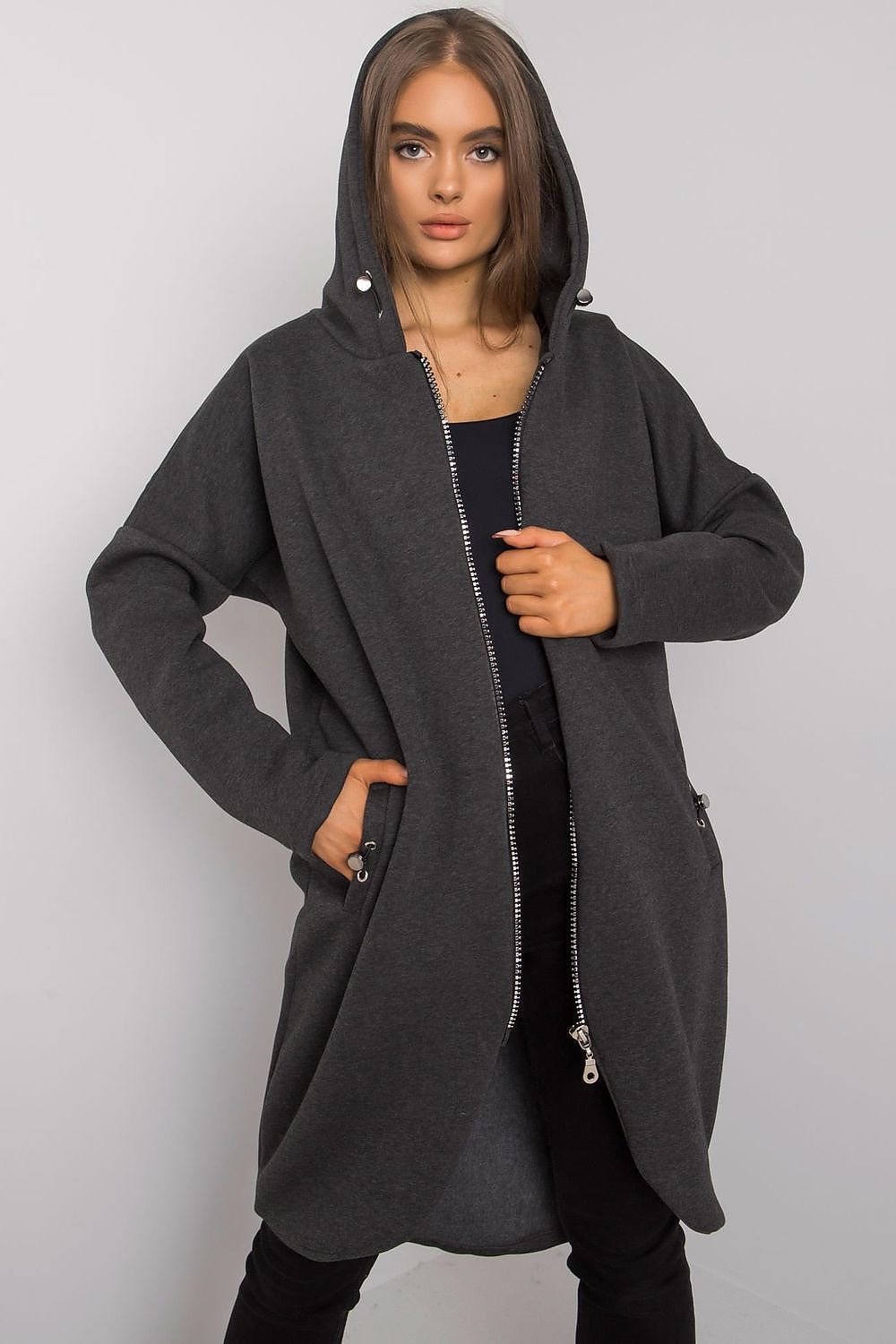 Elegant Rue Paris Zip-Up Extended Cut Sweatshirt with Hood and Side Pockets in sophisticated grey, featuring a zip closure and contemporary design elements.