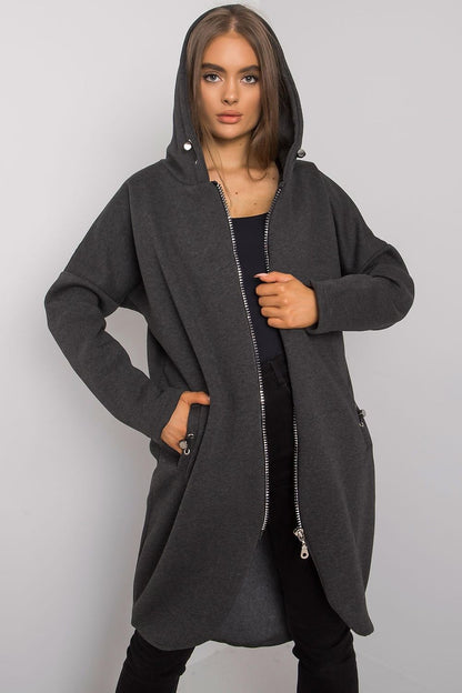 Elegant Rue Paris Zip-Up Extended Cut Sweatshirt with Hood and Side Pockets in sophisticated grey, featuring a zip closure and contemporary design elements.