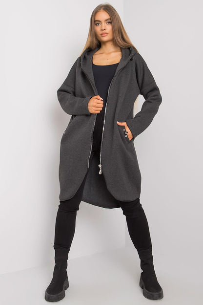 Chic Rue Paris Zip-Up Extended Cut Sweatshirt with Hood and Side Pockets, displayed elegantly in a stylish grey colour, exemplifying luxury and comfort.