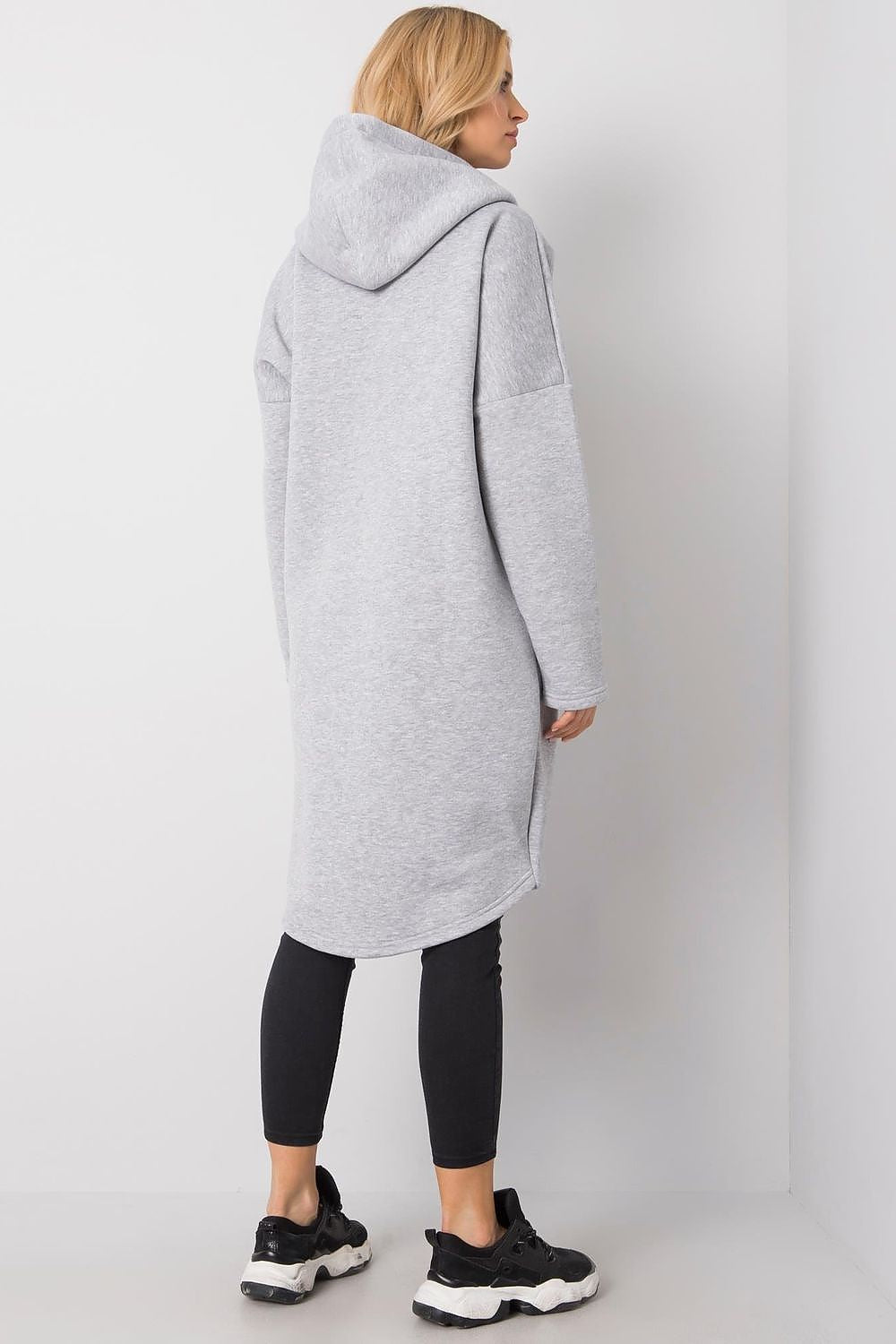 Back view of the Rue Paris Zip-Up Extended Cut Sweatshirt with Hood and Side Pockets in grey, showcasing its extended cut and luxurious fabric, perfect for a chic athleisure look.