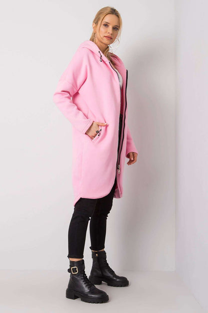 Rue Paris Zip-Up Extended Cut Sweatshirt with Hood and Side Pockets in pink, elegantly styled with a chic silhouette, designed for contemporary fashion enthusiasts.