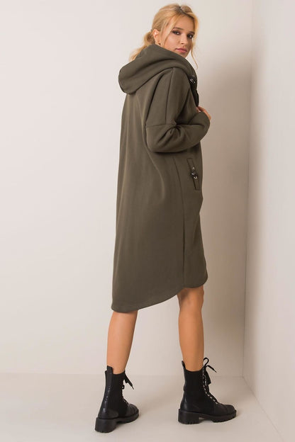 Back view of the Rue Paris Zip-Up Extended Cut Sweatshirt with Hood and Side Pockets in olive green, highlighting its premium fabric and chic design.