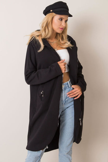 Rue Paris Zip-Up Extended Cut Sweatshirt with Hood and Side Pockets, featuring a stylish black design, perfect for casual yet chic looks.