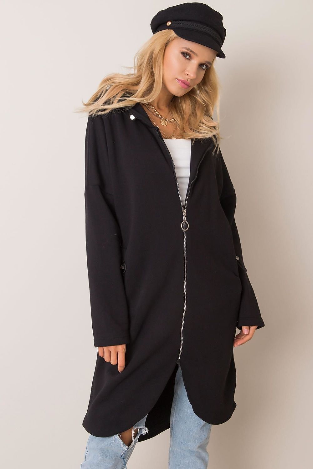 Rue Paris Zip-Up Extended Cut Sweatshirt with Hood and Side Pockets, showcasing a flattering front view in a chic black colour.