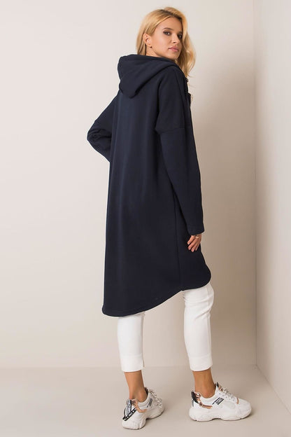 Back view of the Rue Paris Zip-Up Extended Cut Sweatshirt with Hood and Side Pockets, featuring a sleek design in navy, ideal for layering in luxury style.