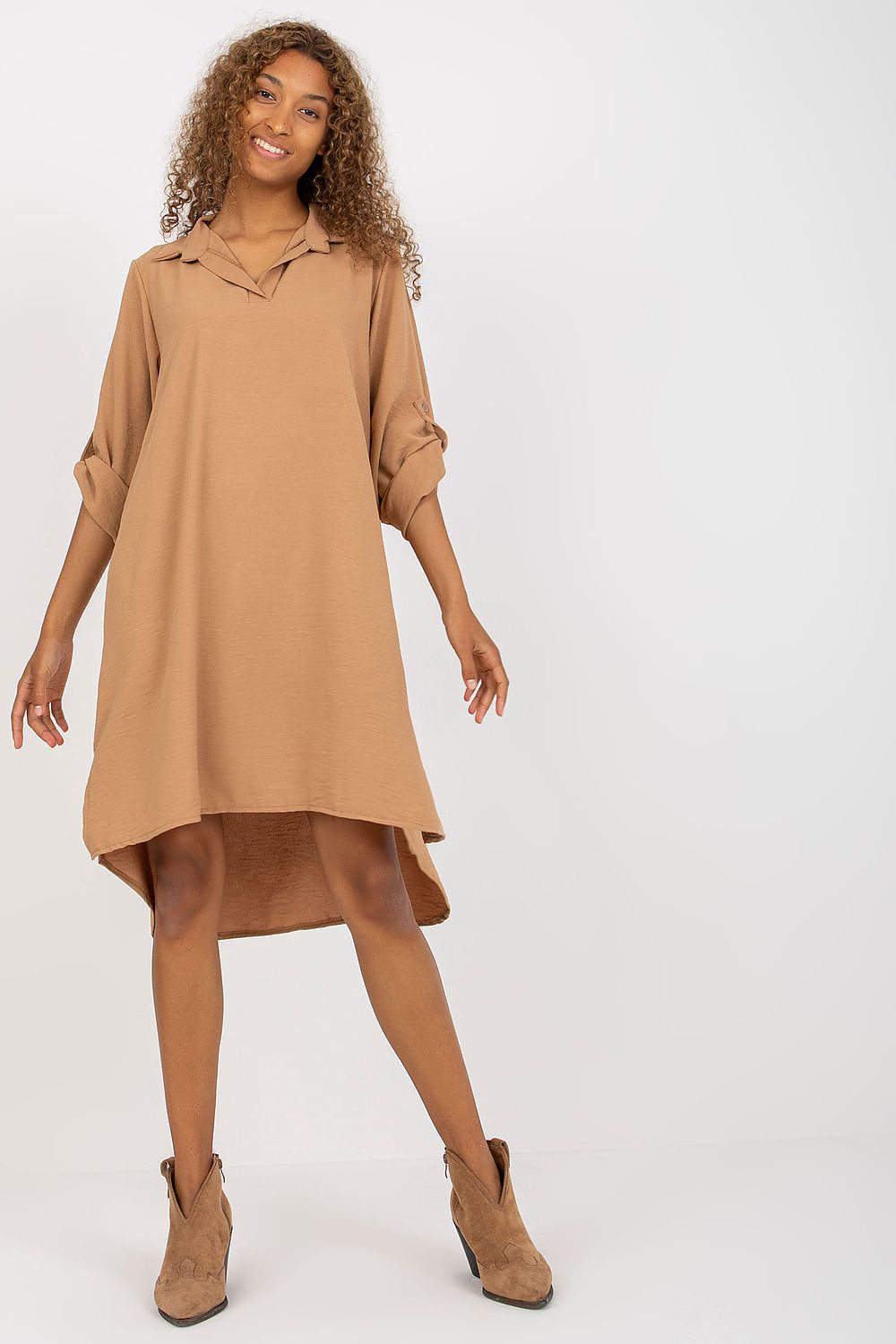 Italy Moda Loose-Fitting V-Neck Shirt Dress with Long Sleeves - Beautifully styled model showcasing the elegant loose-fitting design and soft fabric in a warm tone, perfect for everyday elegance.
