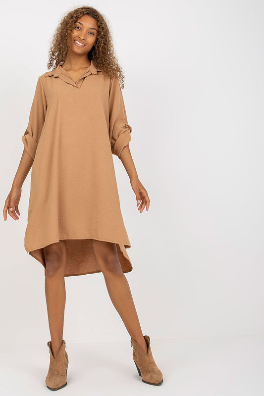 Italy Moda Loose-Fitting V-Neck Shirt Dress with Long Sleeves - Beautifully styled model showcasing the elegant loose-fitting design and soft fabric in a warm tone, perfect for everyday elegance.