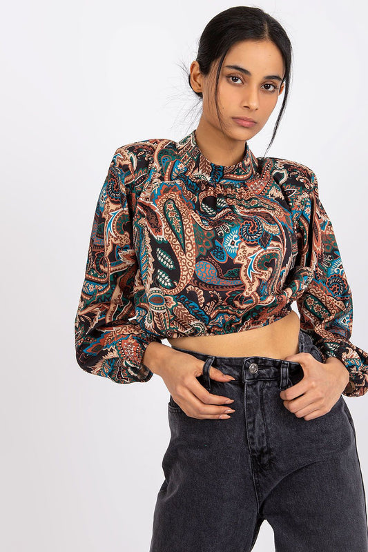 Luxury Short Blouse with Long Sleeves and Stand-Up Collar by Italy Moda, featuring an elegant paisley design in rich colours, perfect for stylish everyday looks.