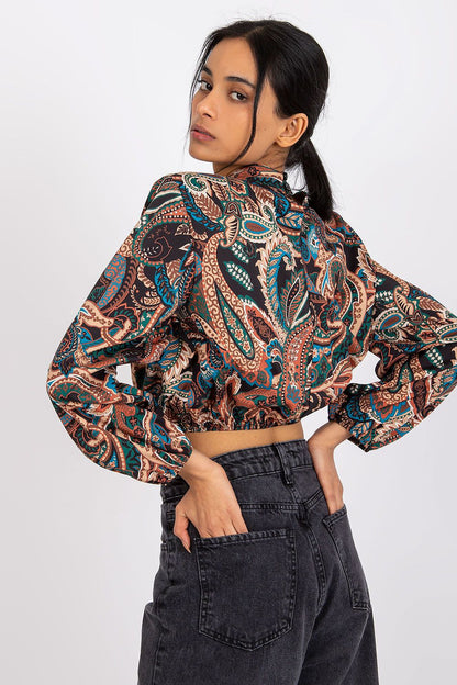 Luxury Short Blouse with Long Sleeves and Stand-Up Collar by Italy Moda, displayed in a vibrant paisley print, perfect for an elegant everyday essential.