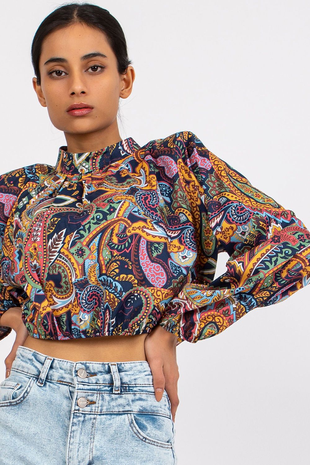 Luxury Short Blouse with Long Sleeves and Stand-Up Collar by Italy Moda, featuring a colourful paisley design, an essential addition to any luxurious wardrobe.