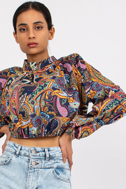 Luxury Short Blouse with Long Sleeves and Stand-Up Collar by Italy Moda, featuring a colourful paisley design, an essential addition to any luxurious wardrobe.