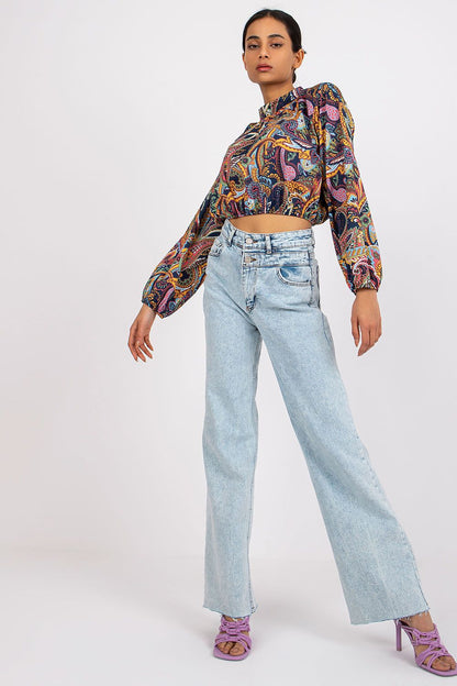 Luxury Short Blouse with Long Sleeves and Stand-Up Collar by Italy Moda, styled with light blue jeans for a chic everyday look, showcasing its exquisite print.