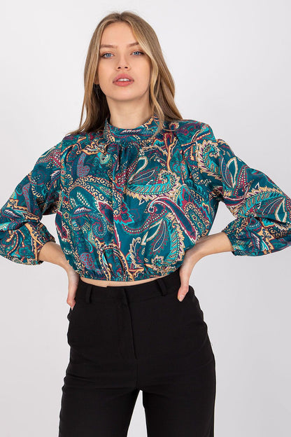 Luxury Short Blouse with Long Sleeves and Stand-Up Collar by Italy Moda, designed in a striking teal with intricate print, ideal for sophisticated everyday wear.