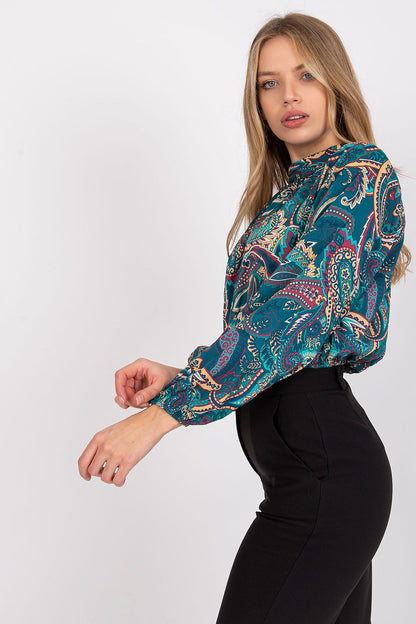 Close-up view of a Luxury Short Blouse with Long Sleeves and Stand-Up Collar by Italy Moda, highlighting its intricate paisley design and luxurious fabric, ideal for an elegant everyday style.