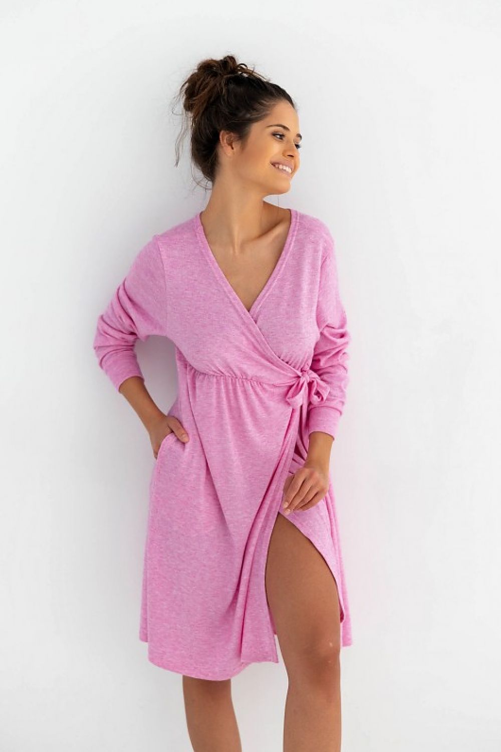 Sensis Women's Long Sleeve Bathrobe - Elegant Envelope Cut in pink, perfect for maternity and nursing, showcasing soft comfort and stylish design.