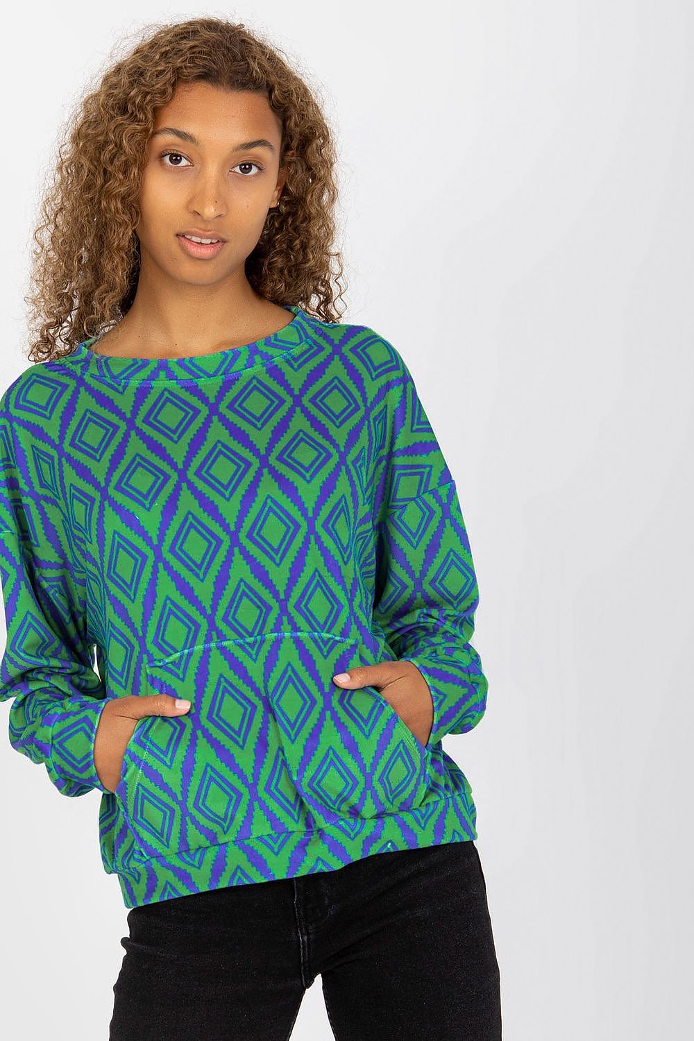 Luxury Women's Rue Paris Sweatshirt with Long Sleeves and Kangaroo Pocket, featuring a vibrant green and blue geometric diamond pattern, elegantly styled on a model.