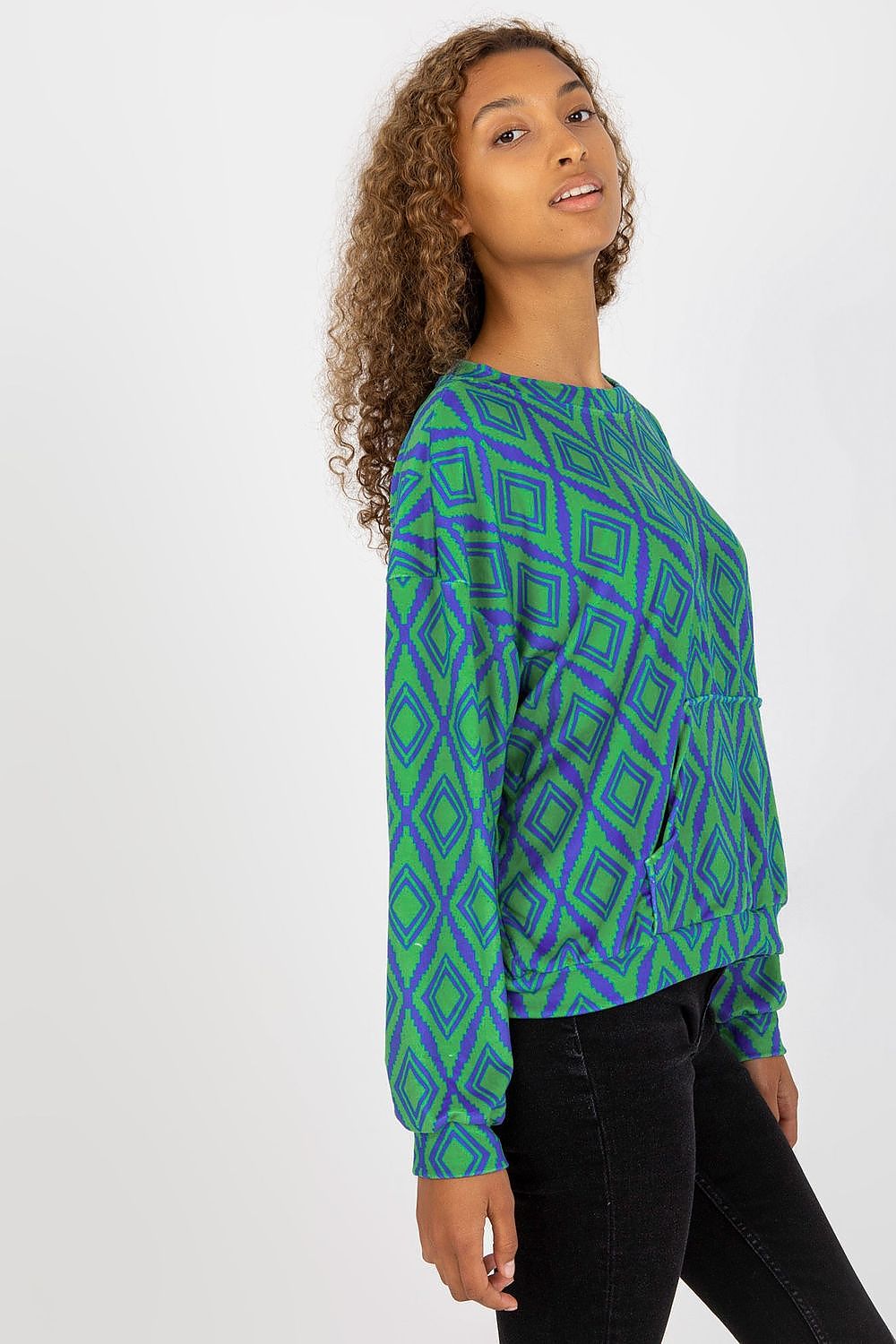 Luxurious Women's Rue Paris Sweatshirt with Long Sleeves and Kangaroo Pocket, featuring a vibrant green and blue diamond pattern, styled elegantly on a model.