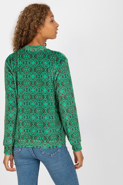 Luxury Women's Zip Sweatshirt by Rue Paris with Slip Pockets - Back view of the trendy green patterned sweatshirt, highlighting its exquisite craftsmanship and contemporary style.