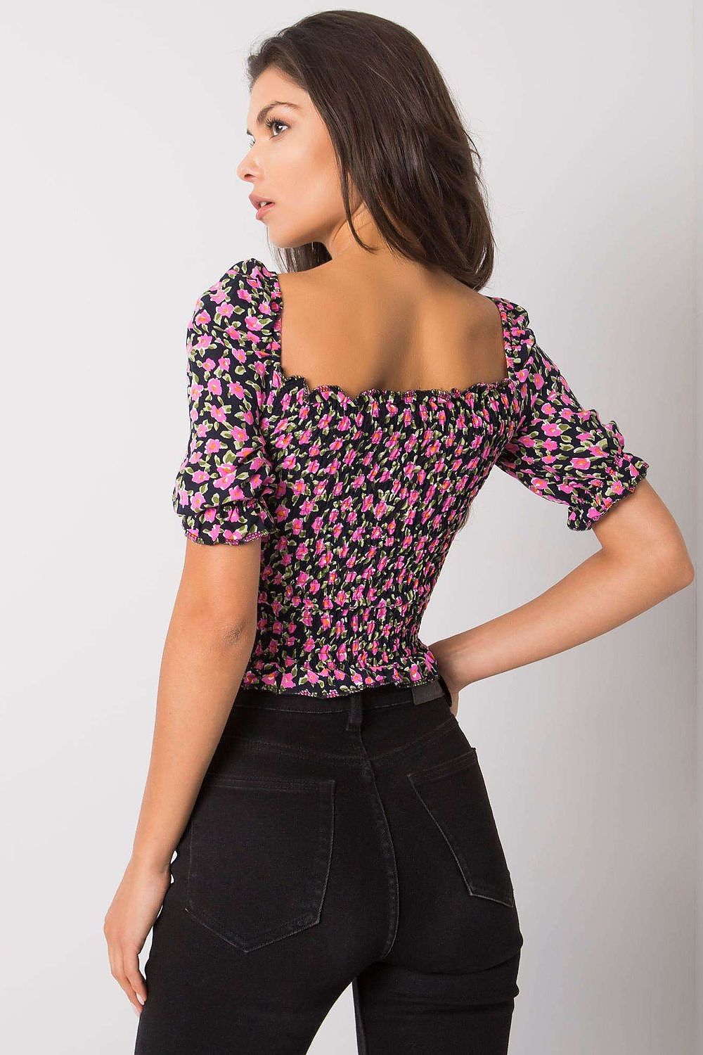 Elegant Fitted Short Sleeve Blouse with V-Neck and Creases by Rue Paris, showcasing a model from the back, highlighting the floral pattern and fitted design, perfect for a stylish wardrobe.