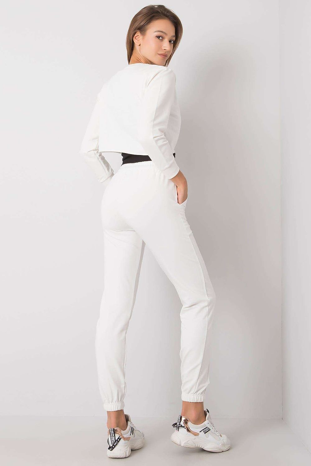 Sophisticated back view of the Rue Paris Women's Designer Trousers Set, showcasing the stylish cropped sweatshirt paired with tailored trousers. Perfect for upscale casual attire.