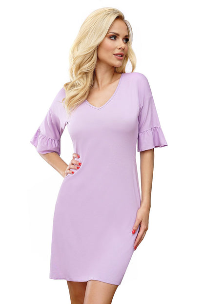 Elegant T!SSI Viscose Elbow Sleeve Frill T-Shirt - Modern Slip Dress Style, showcasing a model in a lilac dress with frill sleeves, exuding sophistication and comfort.