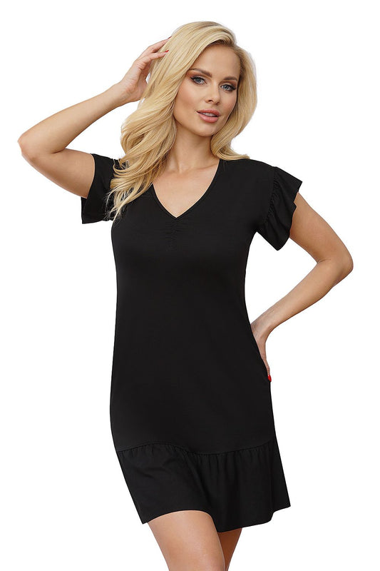 Luxury T!SSI 105 Nightshirt with Ruffled Sleeves and Delicate Draping, showcasing a model wearing the stylish, comfortable fit. The nightshirt features a flattering V-neckline, ruffled sleeves, and a chic hem, perfect for fashionistas seeking elegance in their loungewear.