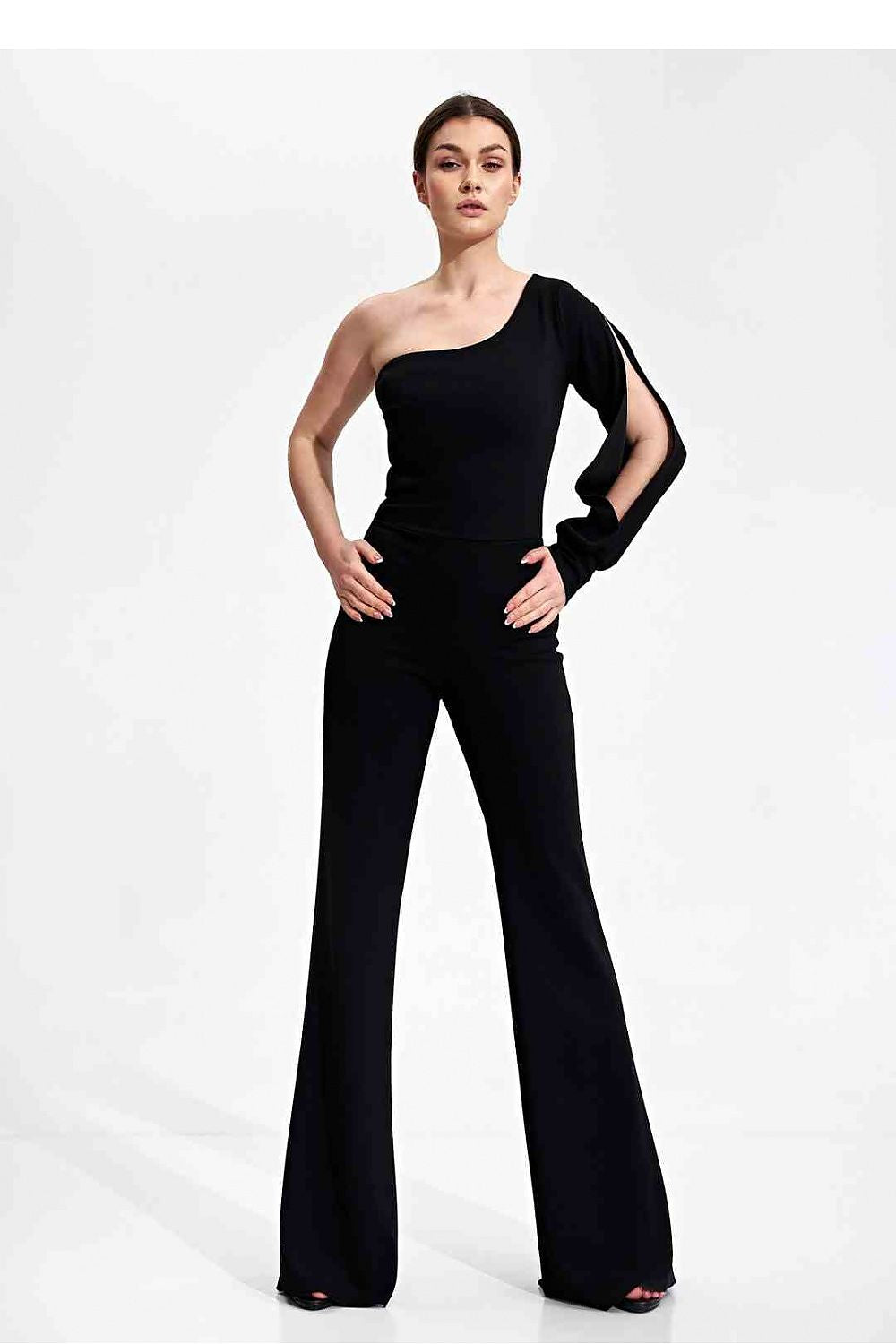 Elegant Figl Jumpsuit With Long Sleeve, Slit Cuff & Wide Legs - A stunning side view of the jumpsuit featuring an asymmetrical neckline, crafted for elegance and sophistication, perfect for any occasion.