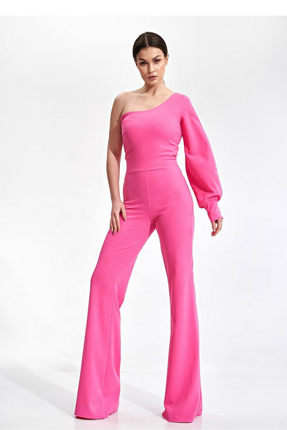 Elegant Figl Jumpsuit With Long Sleeve, Slit Cuff & Wide Legs - Bold and luxurious, this pink jumpsuit offers a striking one-shoulder design with puff details, perfect for making a fashionable statement.