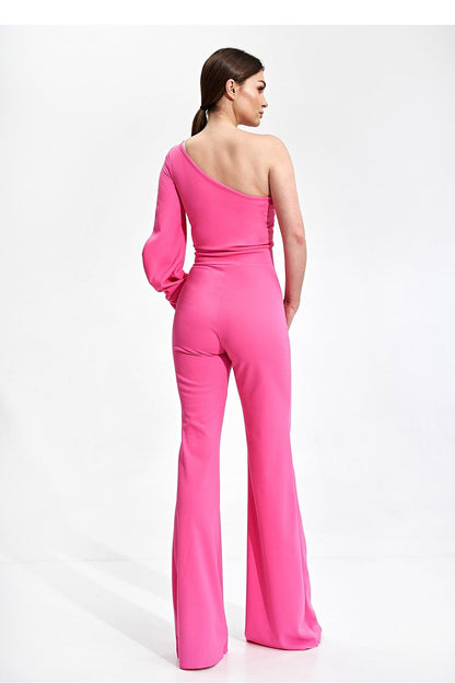 Elegant Figl Jumpsuit With Long Sleeve, Slit Cuff & Wide Legs - A rear view of a model in a fitted pink jumpsuit with one long sleeve and wide legs, epitomising elegance for any special event.