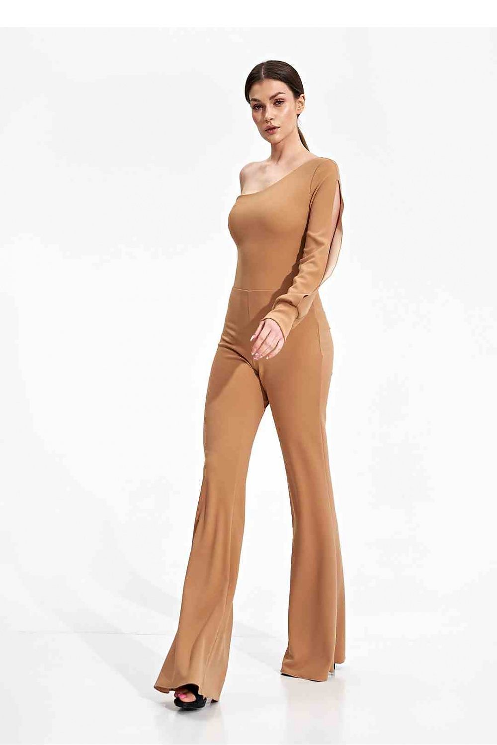 Elegant Figl Jumpsuit With Long Sleeve, Slit Cuff & Wide Legs - A stylish shot of a brown fitted jumpsuit with an asymmetrical design and slit cuff, designed for elegance in any setting.