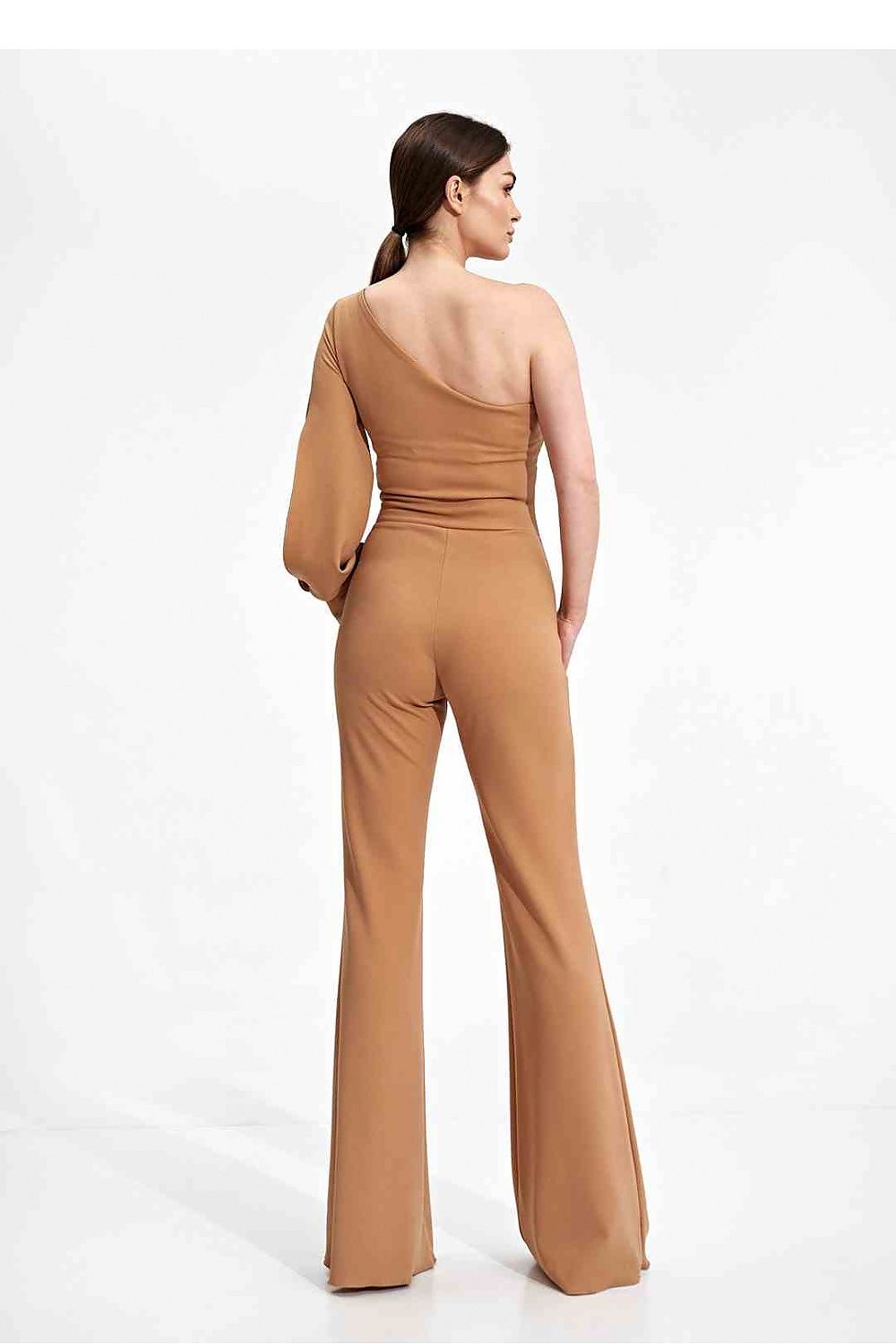 Elegant Figl Jumpsuit With Long Sleeve, Slit Cuff & Wide Legs - A model showcasing the back of a luxurious brown jumpsuit with an open back detail, perfect for a chic evening out.