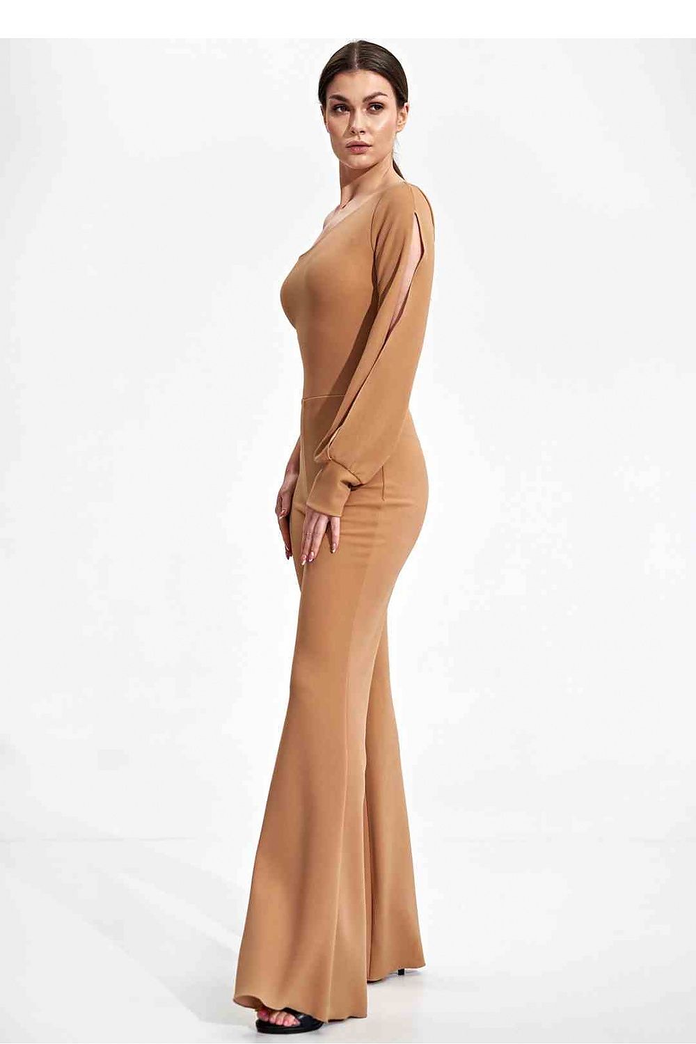 Elegant Figl jumpsuit with long sleeve, slit cuff and wide legs, showcased in a stunning tan colour, perfect for any occasion.