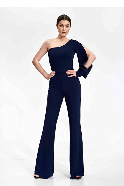Elegant Figl jumpsuit with one shoulder design and wide legs, presented in a sophisticated navy shade, ideal for chic events.