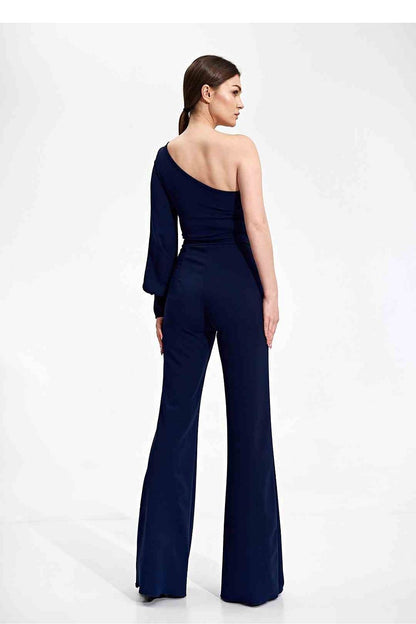 Elegant Figl jumpsuit with one shoulder detail and wide legs, back view highlighting its luxurious cut in navy, perfect for any occasion.