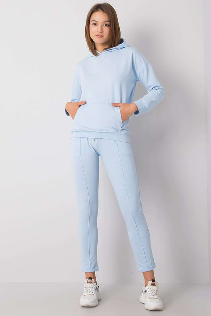 Elegant Rue Paris Luxe Cotton Blend Sweatshirt and Tailored Pants Set featuring a light blue hoodie with front pockets, perfect for stylish casual wear.