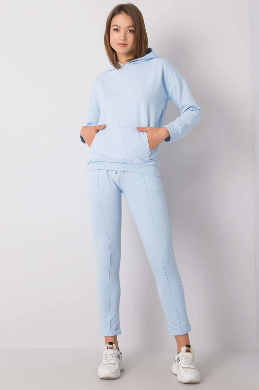 Elegant Rue Paris Luxe Cotton Blend Sweatshirt and Tailored Pants Set featuring a light blue hoodie with front pockets, perfect for stylish casual wear.