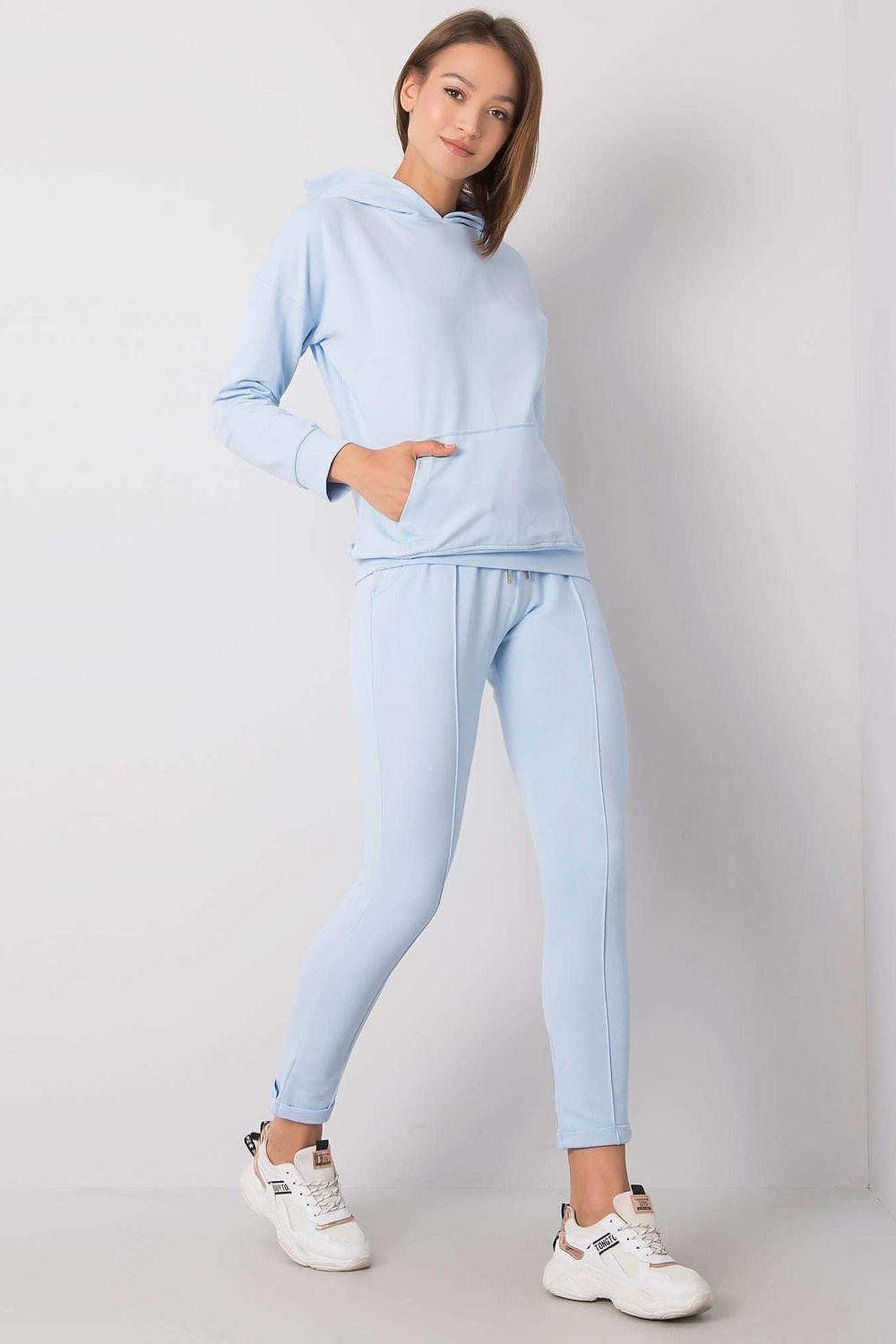 Chic Rue Paris Luxe Cotton Blend Sweatshirt and Tailored Pants Set in soft blue, showcasing a comfortable hoodie and tailored fit for modern sophistication.