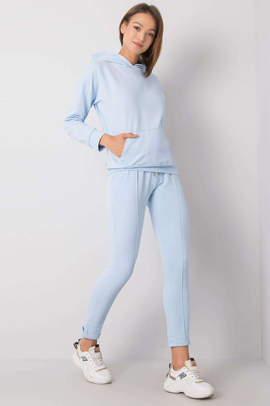Chic Rue Paris Luxe Cotton Blend Sweatshirt and Tailored Pants Set in soft blue, showcasing a comfortable hoodie and tailored fit for modern sophistication.