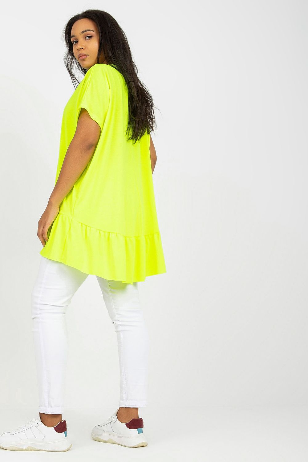 Elegant Plus Size Asymmetrical Tunic with Heart Neckline and Frill, Short Sleeves. This stylish tunic features a vibrant neon yellow colour and an asymmetrical design with a flattering frill, perfect for a luxurious casual outfit.